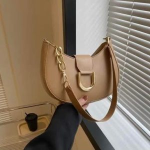 Simple Candy Color Half-Round Shoulder Bag – PU Leather | Zipper + Button Closure
