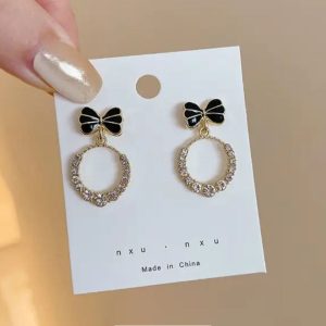 1Pair Crystal Bow Round Drop Earrings – Sparkling Elegant Studs for Women & Girls