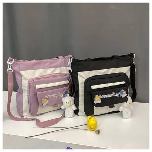Waterproof Nylon Shoulder Bag with Multi Pockets & Cute Doll – Stylish Canvas Design