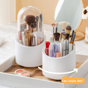Modern Fashion Makeup Brush Holder Organizer with 360 Rotating Dustproof Lid for Vanity Plastic Material