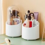 Modern Fashion Makeup Brush Holder Organizer with 360 Rotating Dustproof Lid for Vanity Plastic Material - Image 2